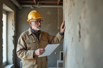 Entrepreneur du bâtiment inspectant un mur en cours de rénovation dans un appartement ancien, illustrant les travaux éligibles au déficit foncier