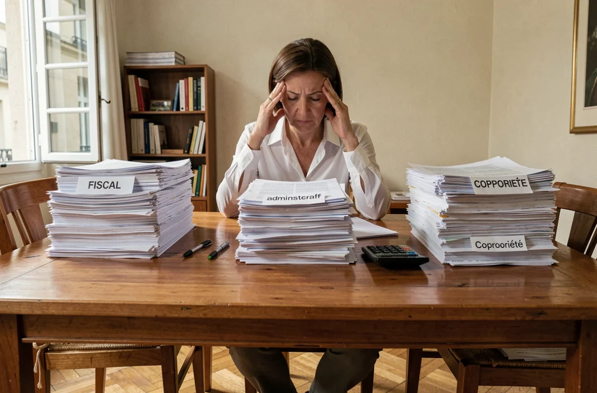 Propriétaire submergée par trois piles de documents représentant la triple conformité fiscale, administrative et de copropriété à satisfaire simultanément