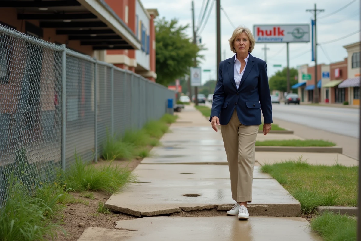 Femme signalant un trottoir dégradé et inégal devant un centre commercial suburbain au Texas