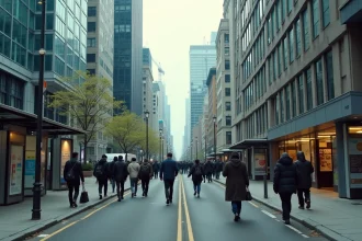 Vue en contre-plongée d'un quartier urbain dense avec gratte-ciel, immeubles résidentiels et piétons illustrant l'urbanisation intensive