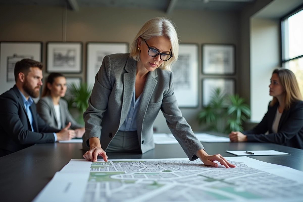 Urbaniste présentant un plan de redressement immobilier lors d'une réunion professionnelle