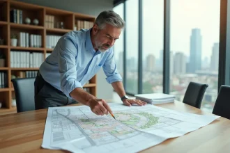 Urbaniste étudiant un schéma directeur d'aménagement et d'urbanisme étalé sur une table dans un bureau moderne