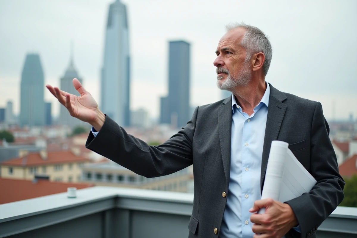 Urbaniste quinquagénaire en blazer sur un toit avec vue sur les tours du quartier de la Part-Dieu à Lyon