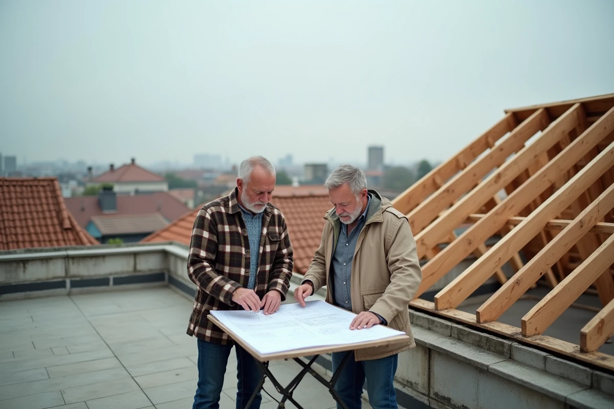 Vendeur et acheteur d'une maison particulier discutant des plans de construction sur une toiture en charpente bois