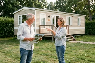 Couple examinant les documents de vente d'une parcelle de terrain avec mobil-home en Vendée