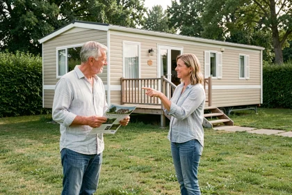 Couple examinant les documents de vente d'une parcelle de terrain avec mobil-home en Vendée