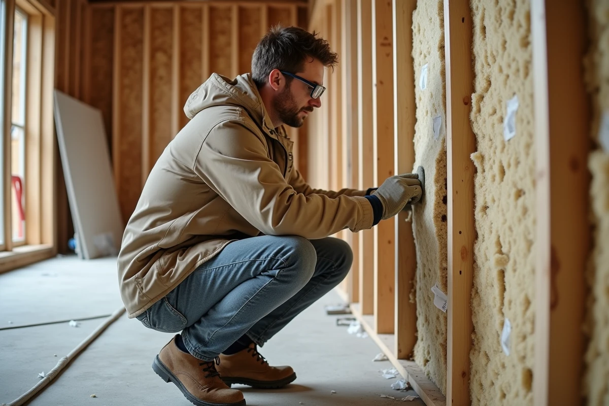 Ouvrier examinant des panneaux de laine minérale dans une cavité de mur lors de travaux de rénovation
