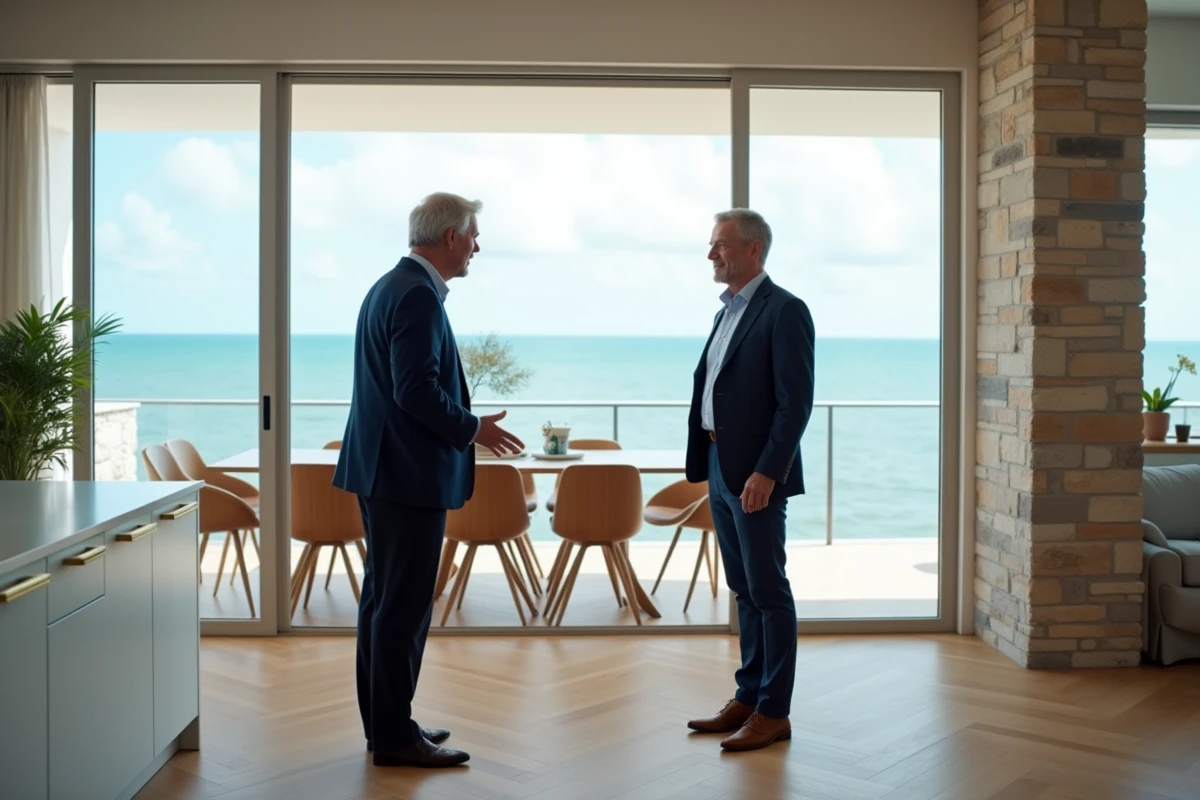 Agent immobilier présentant un appartement vue sur mer à un couple d'acheteurs potentiels dans une région côtelière atlantique