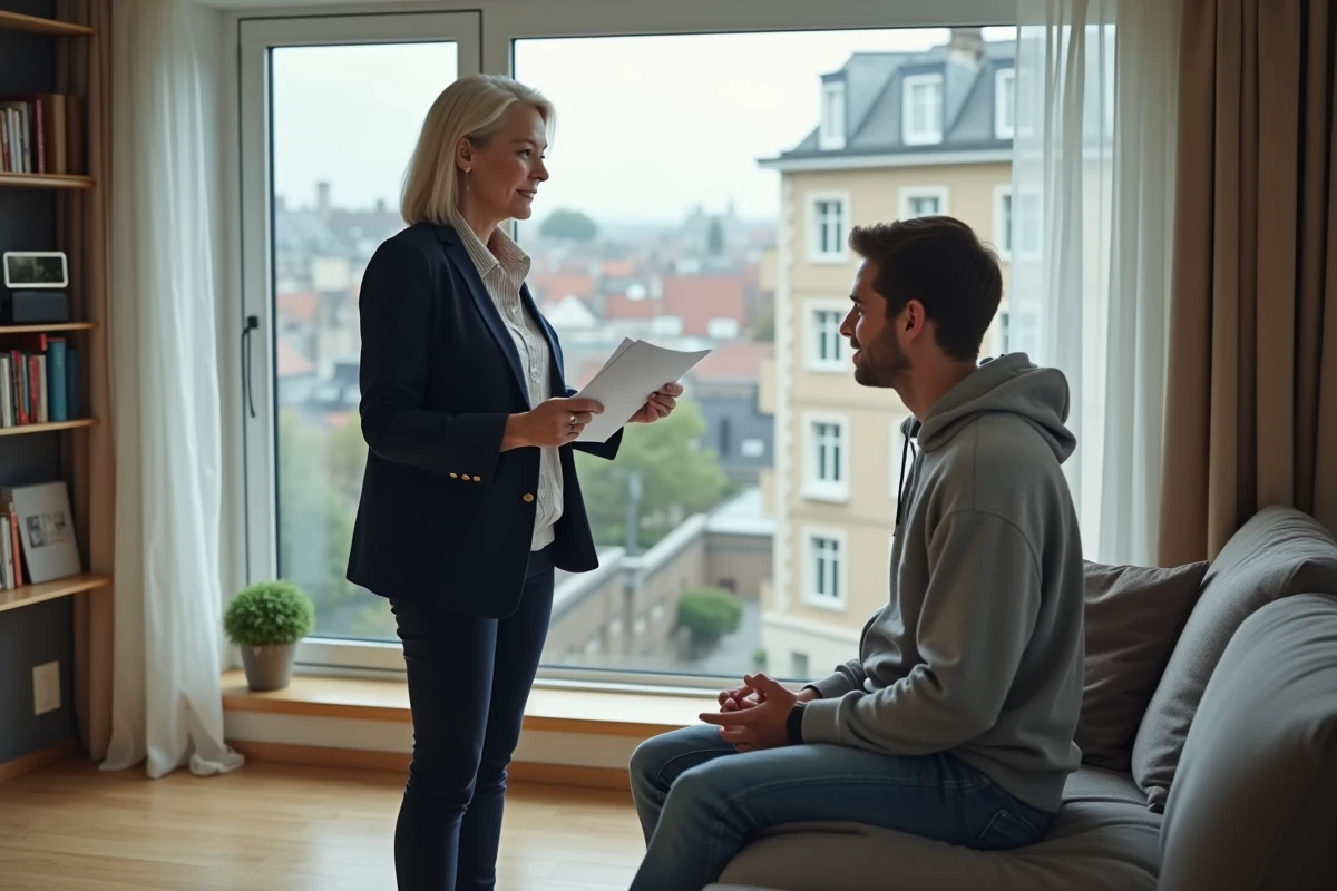 Bailleresse discutant avec son locataire dans un appartement moderne lors d'une visite de contrôle prévue, documents en main