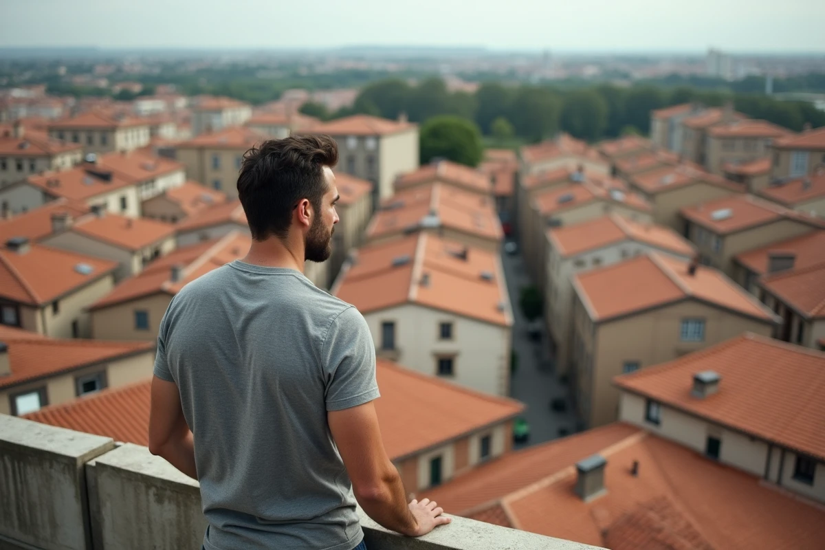 Vue panoramique depuis une terrasse sur le quartier Montaudran-Lespinet à Toulouse, toits en tuiles et nouveaux immeubles illustrant la transformation urbaine du secteur
