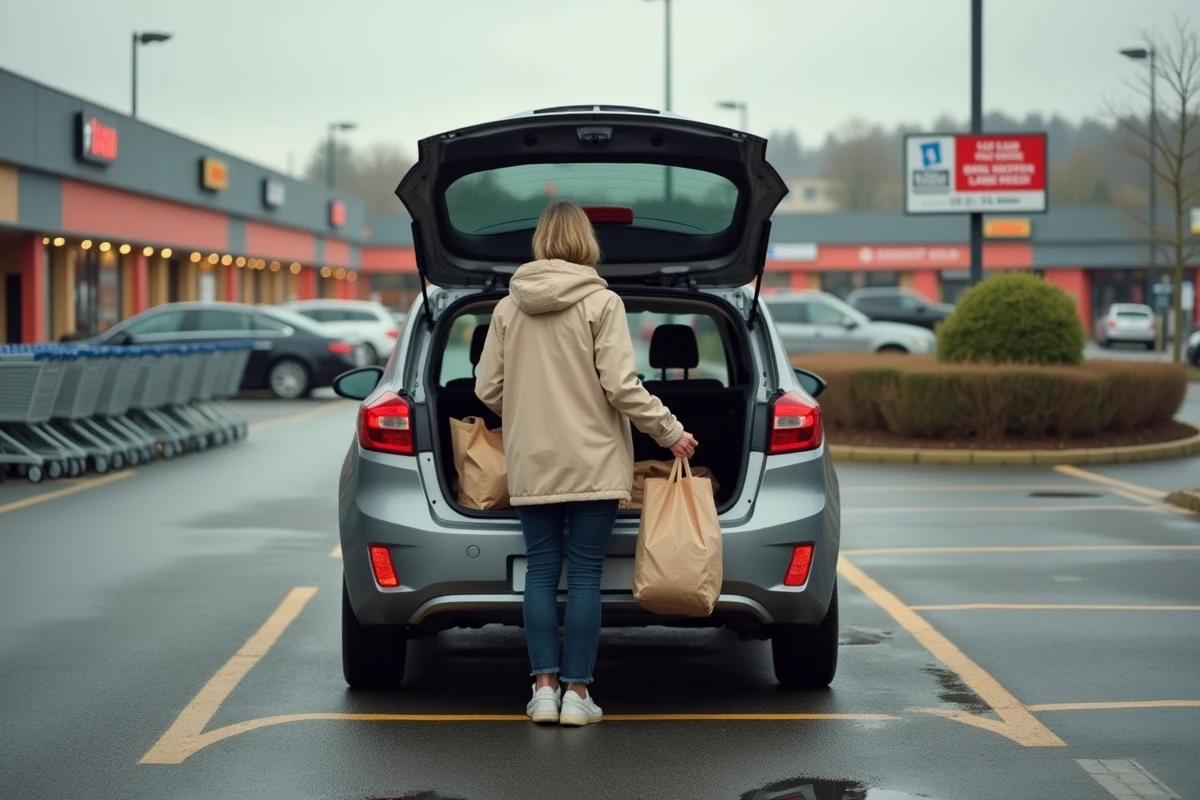 Femme chargeant ses courses dans un parking de zone commerciale périurbaine